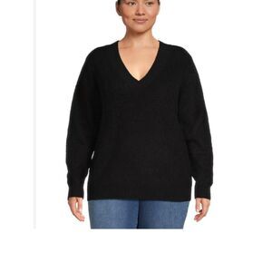 TERRA & SKY | Plus Size V-Neck Cashmere Casual Black Sweater